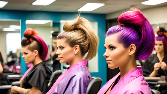 Create an image of a vibrant, modern classroom setting in a top hair styling school. Showcase eager students attentively learning hair styling techniques from a skilled instructor. Include a variety o