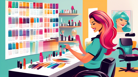 A bright, well-organized salon with a happy client sitting in the chair, looking at a calendar filled with color-coded appointments. The hairdresser is consulting with her, showing a collection of hai