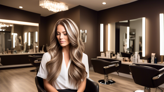 Create an image of a woman sitting in a modern, chic salon, showcasing her stunning brown hair expertly highlighted with ash blonde foils. The lighting beautifully accentuates the hair's gorgeous dime