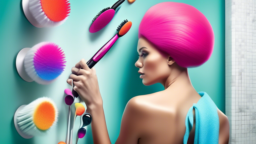 Create a vibrant, illustrative image of a modern bathroom setting featuring the Denman Head Hugger Brush Set. Show the brushes in action with close-ups of their unique design and functionality, includ